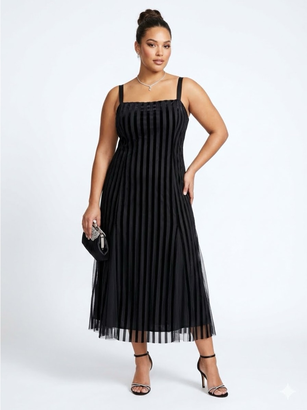 JS Collections Black Tulle Striped Midi Dress Size 22W